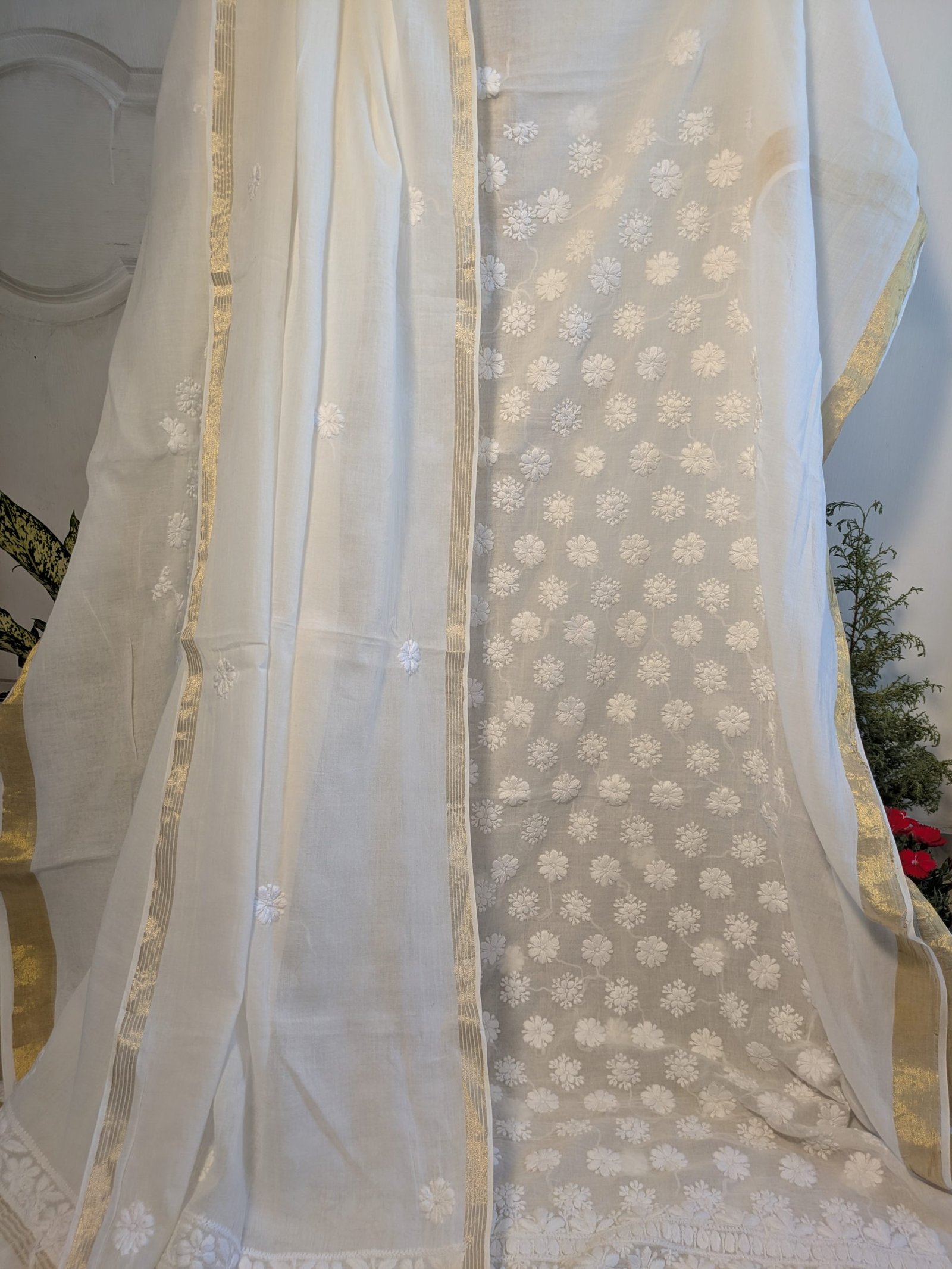 WHITE MUL COTTON UNSTITCHED SUIT SET