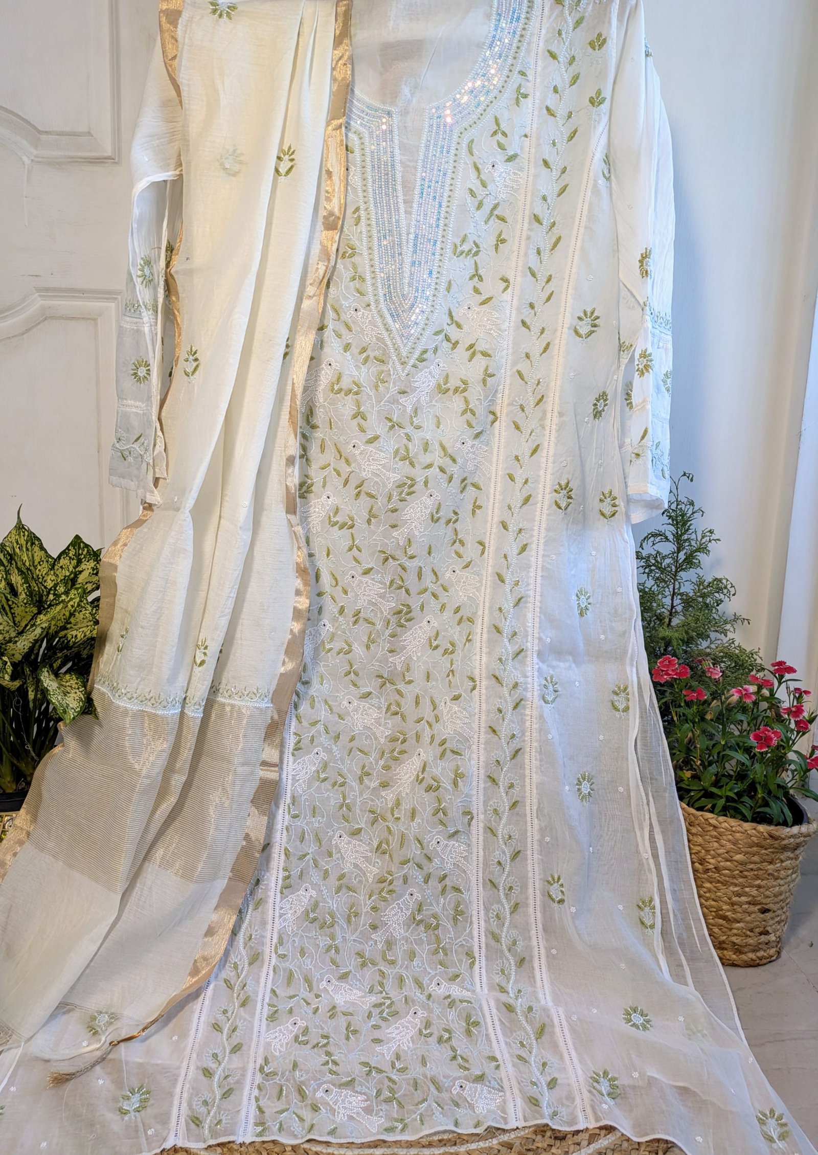 GREEN CHANDERI CHIKANKARI KURTA SET
