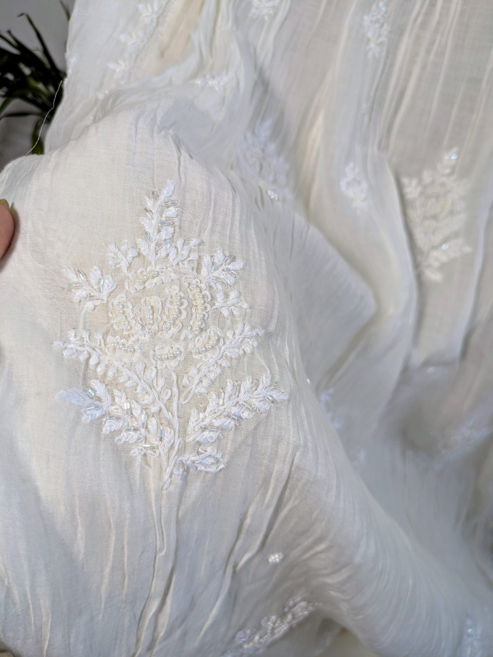 MUL COTTON CHIKANKARI KURTA EMBELLISHED WITH MOTI, CUTTDANA WORK - Image 6