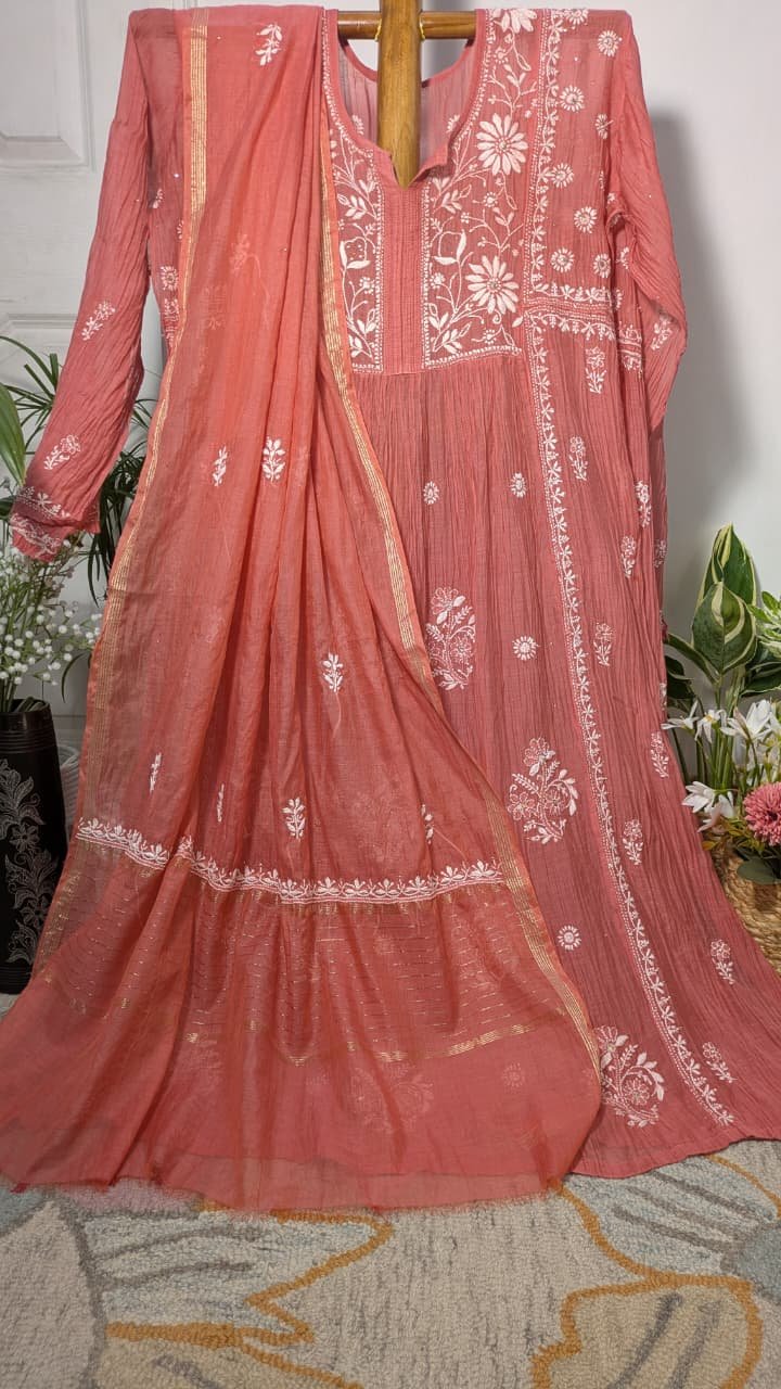 RASPBERRY MUL COTTON CHIKANKARI SEMI-STITCHED KURTA WITH DUPATTA