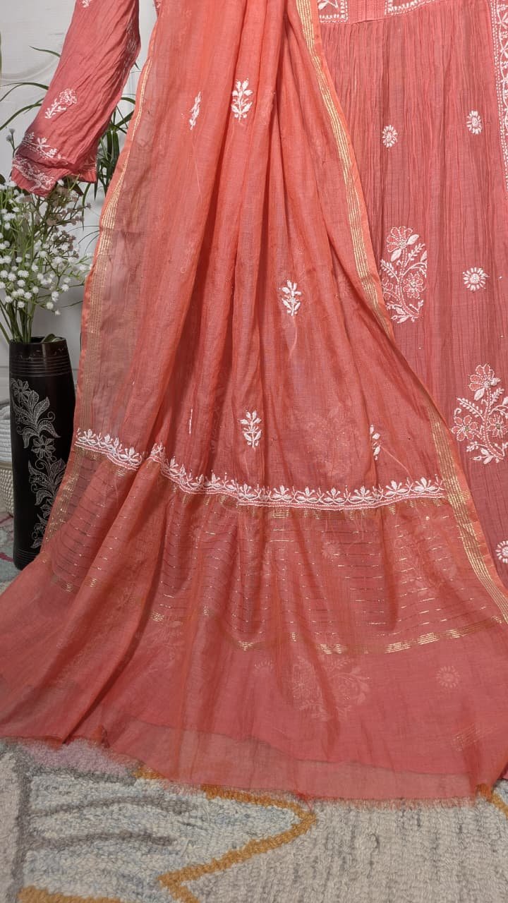 RASPBERRY MUL COTTON CHIKANKARI SEMI-STITCHED KURTA WITH DUPATTA - Image 6