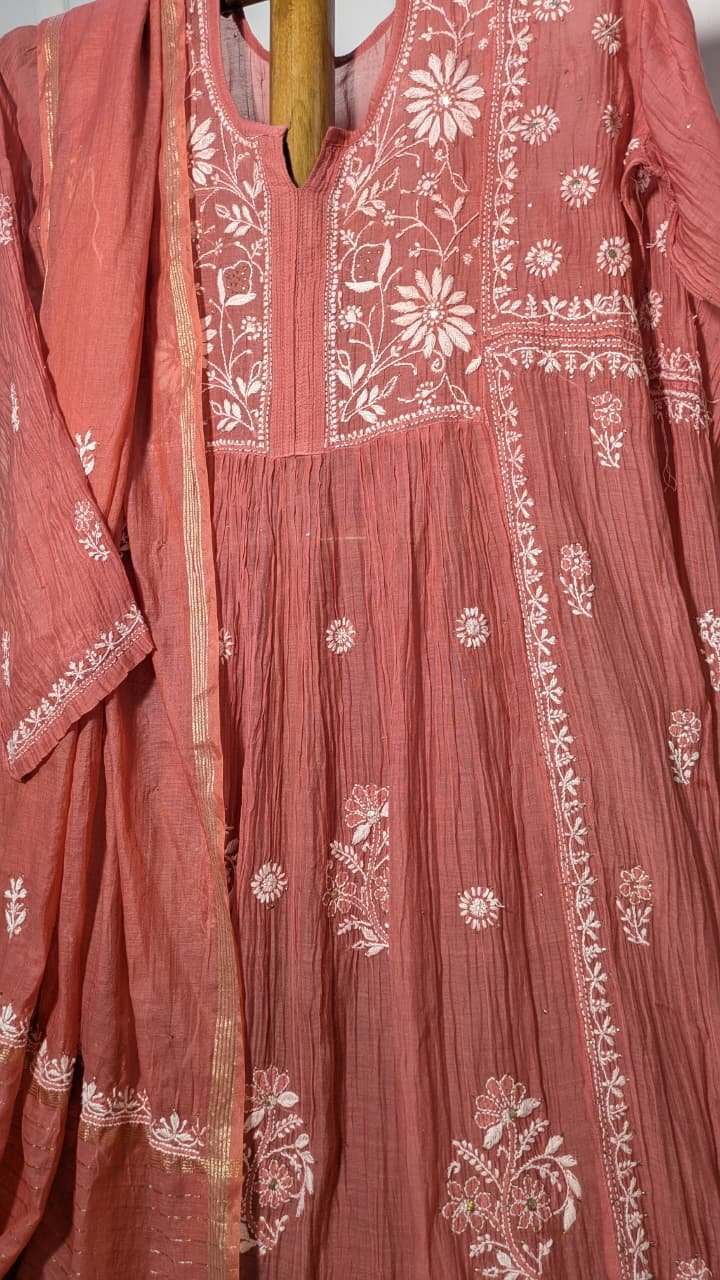RASPBERRY MUL COTTON CHIKANKARI SEMI-STITCHED KURTA WITH DUPATTA - Image 3