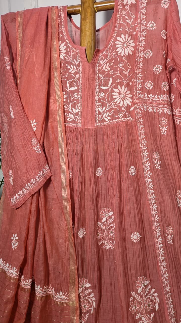 RASPBERRY MUL COTTON CHIKANKARI SEMI-STITCHED KURTA WITH DUPATTA - Image 4