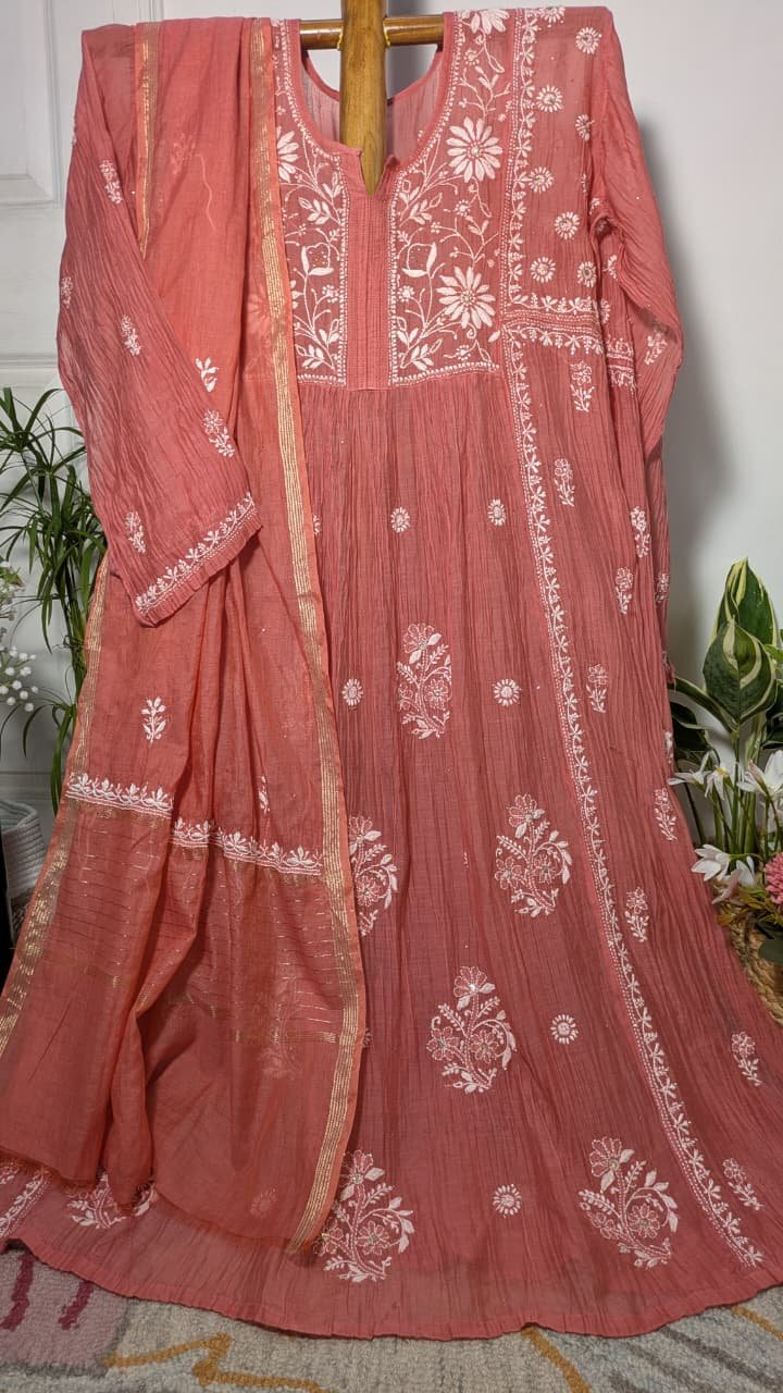 RASPBERRY MUL COTTON CHIKANKARI SEMI-STITCHED KURTA WITH DUPATTA - Image 2