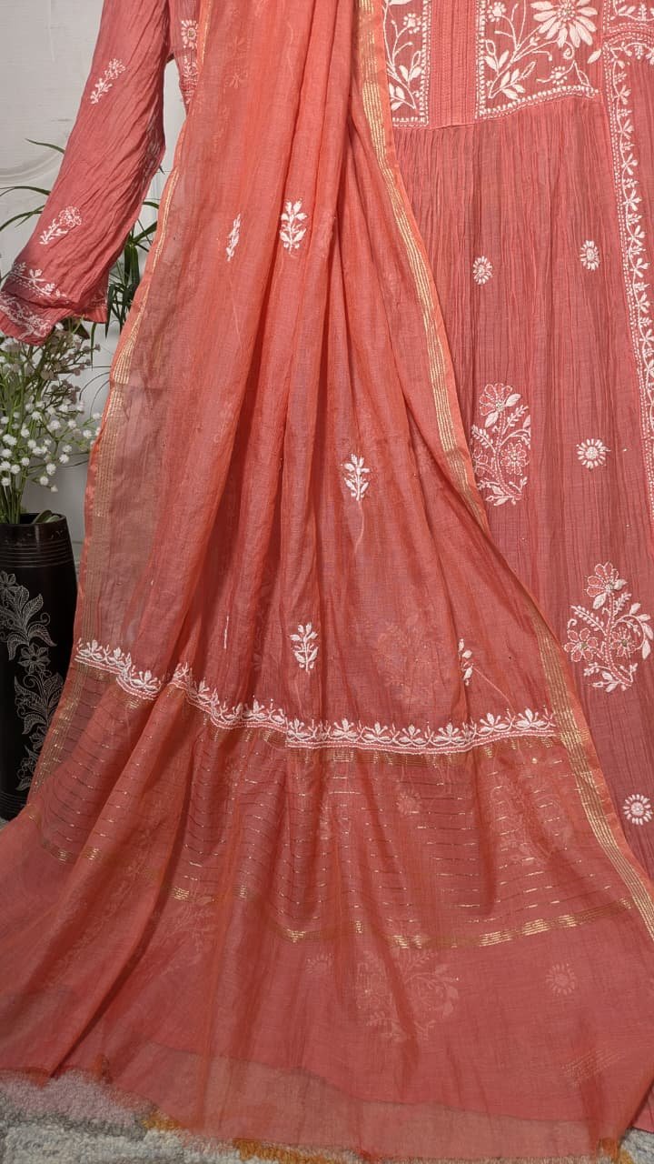 RASPBERRY MUL COTTON CHIKANKARI SEMI-STITCHED KURTA WITH DUPATTA - Image 5