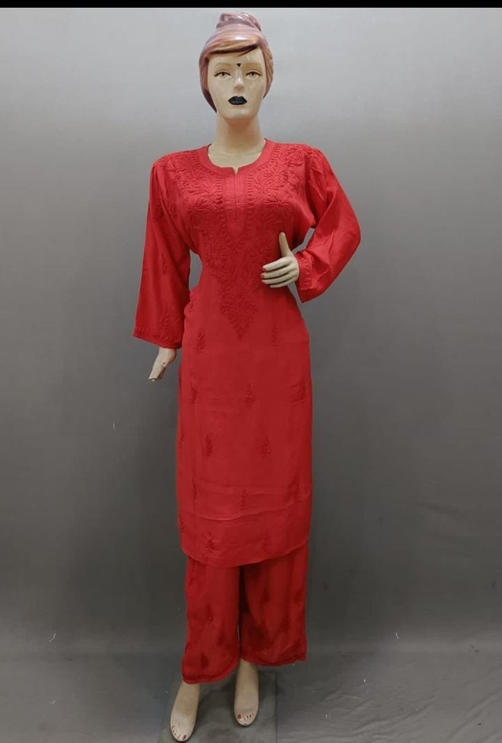 MUSLIN CHIKANKARI KURTA SET WITH PLAZZO