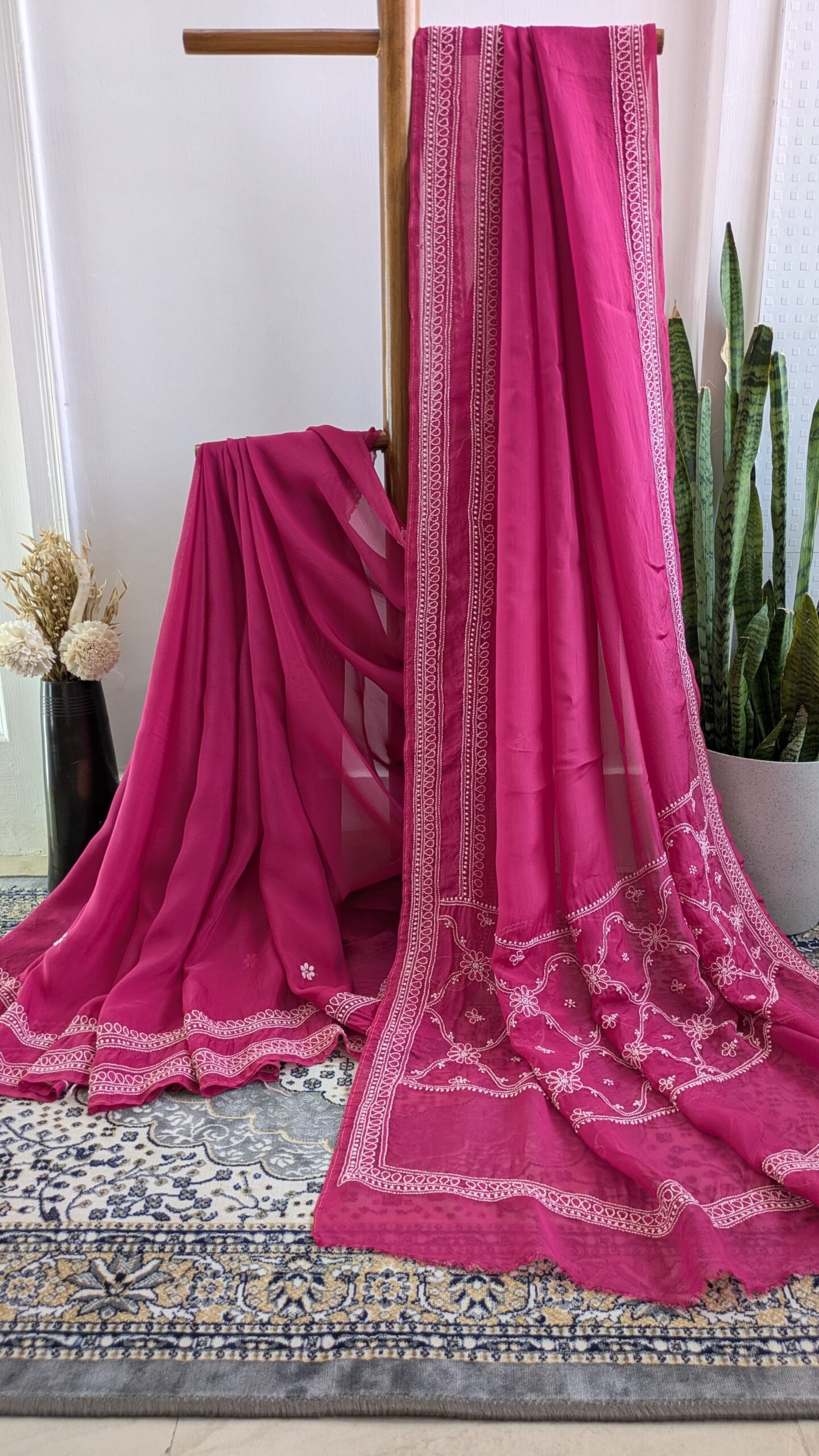 "Gulrang" organza silk chikankari saree