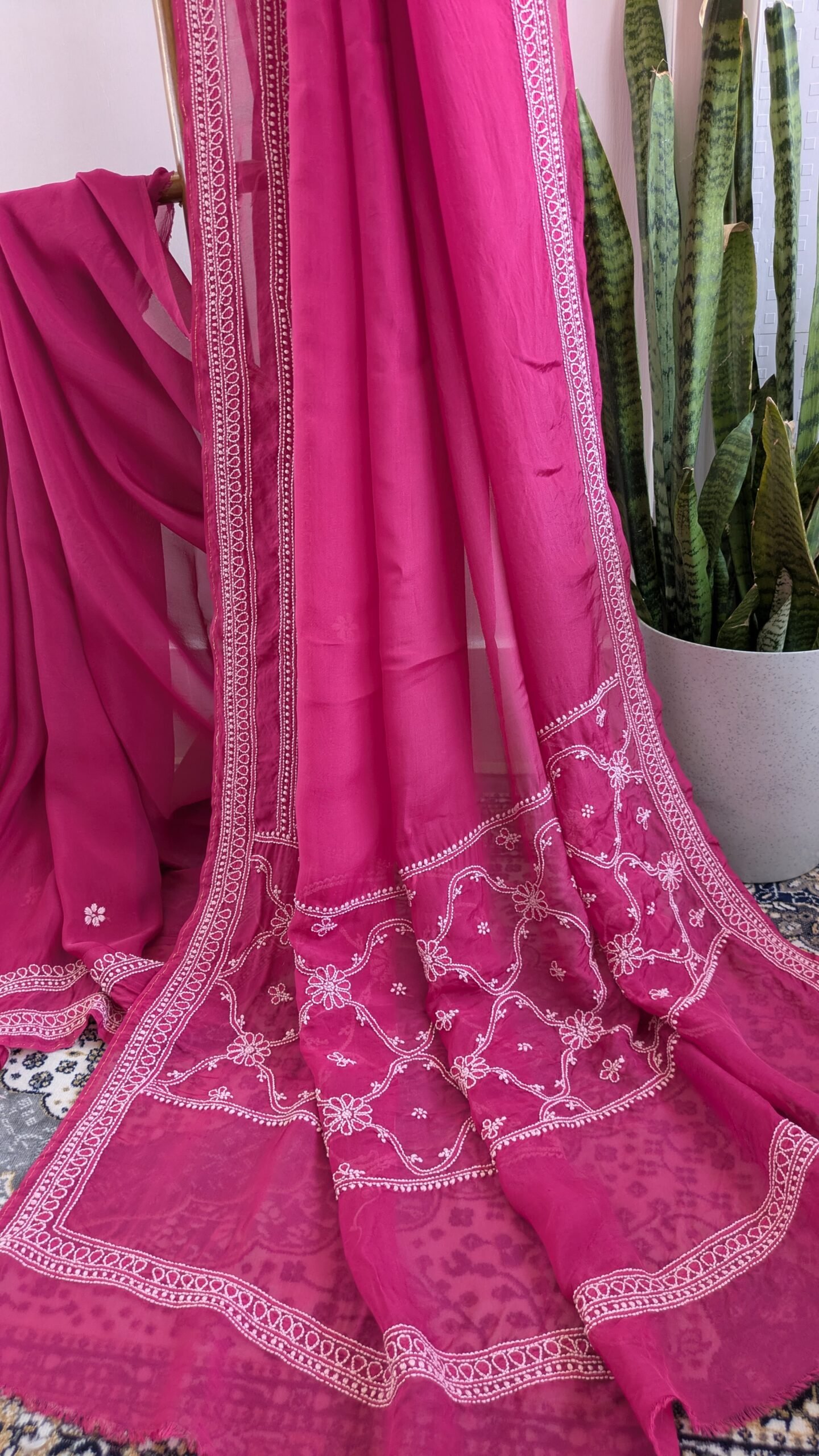 "Gulrang" organza silk chikankari saree - Image 9
