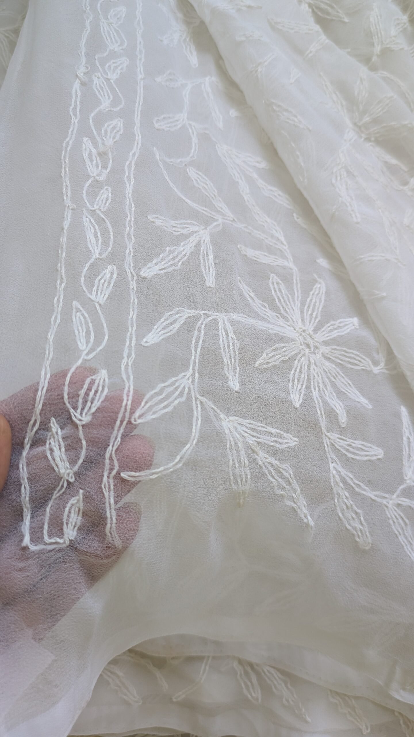 "Bela" white georgette chikankari saree with tepchi work - Image 6